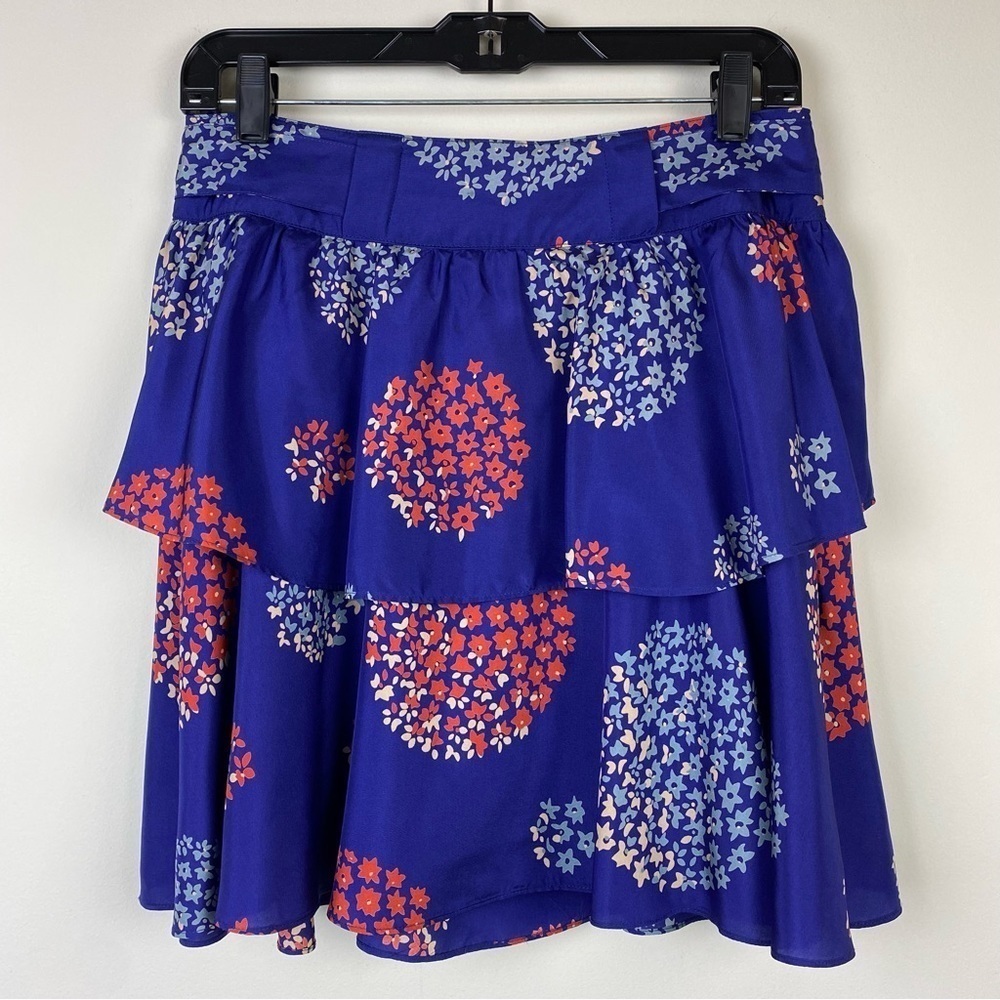 Anthropologie Odille Silk Tiered‎ Ruffle Skirt, Blue, Red, Beige Floral, Size 4